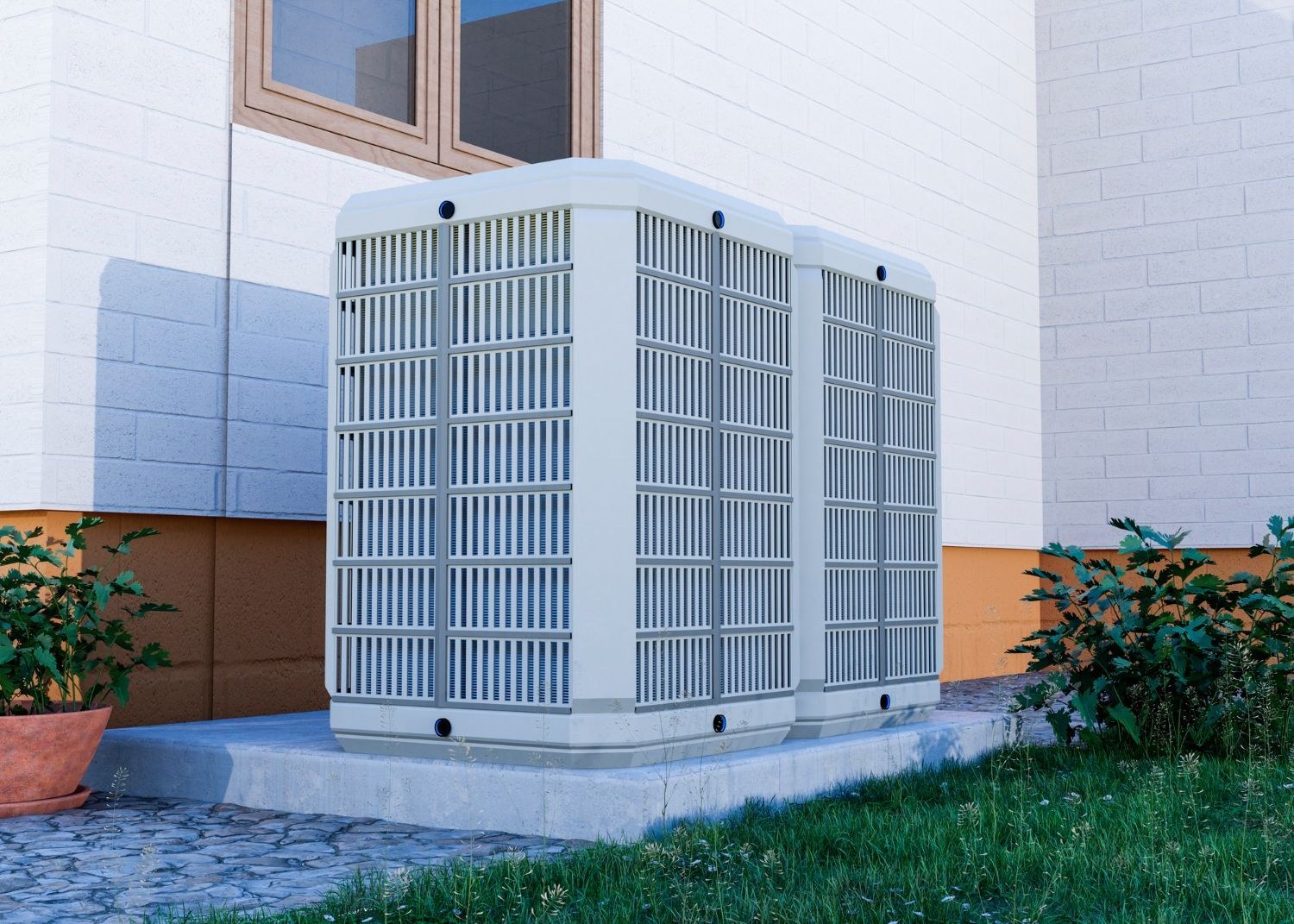 Outdoor air conditioning unit beside a home