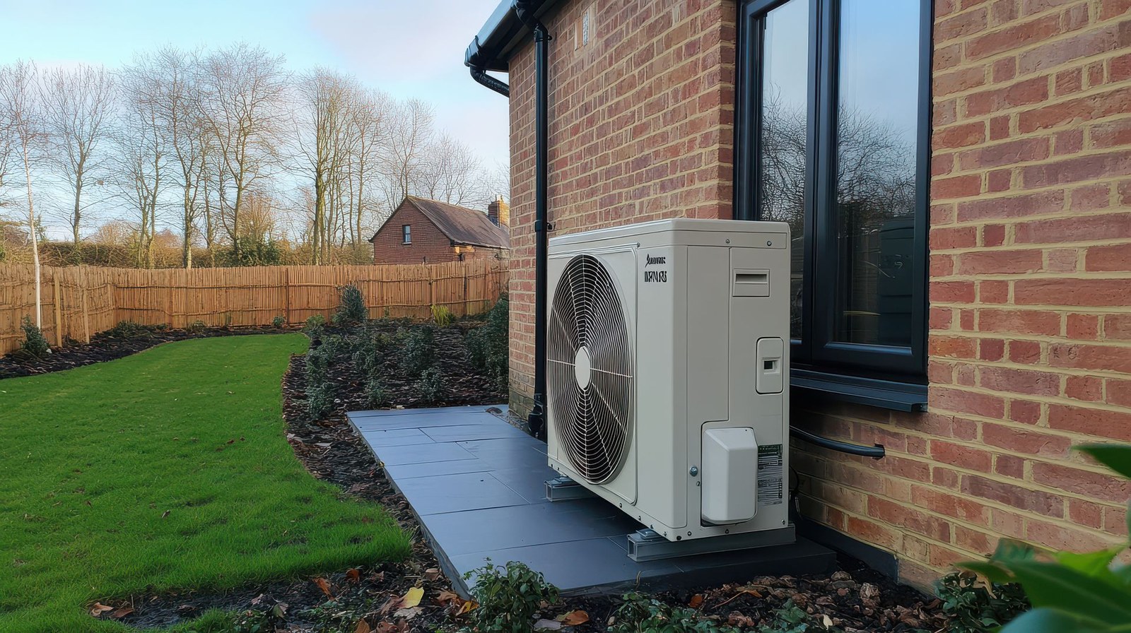 Air-source heat pump outside a brick home